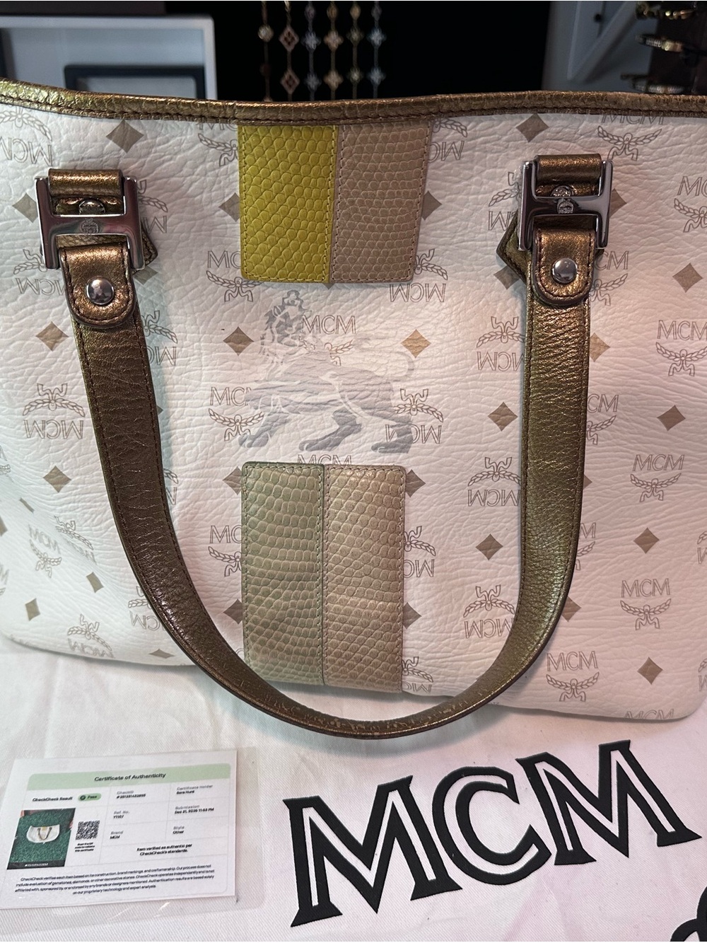 MCM White Visetos Tote with Gold Trim and Multicolor Stripe - Picture 2 of 15